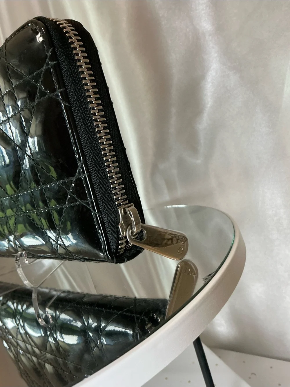 Dior Black Patent Quilted Zip-Around Wallet